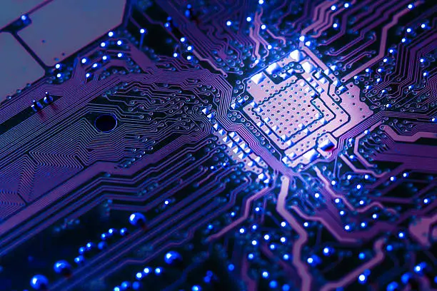 Macro photography of an industrial-grade circuit board, representing engineering precision