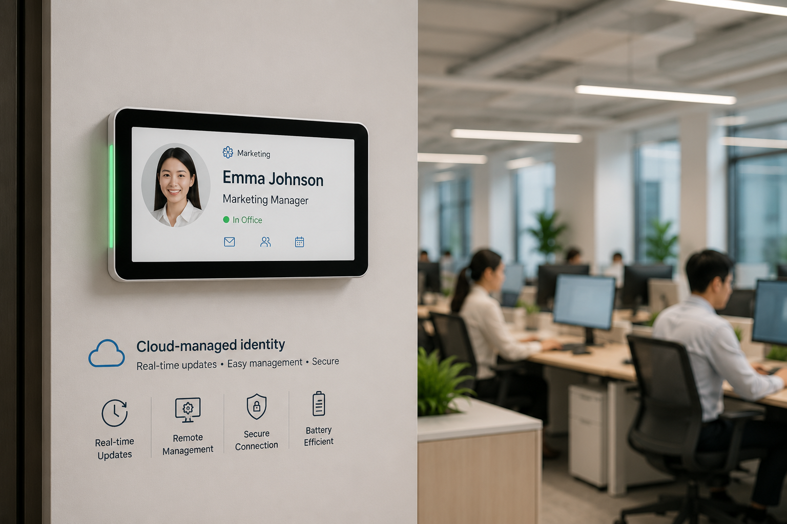 Digital employee nameplate with E-ink display on office wall