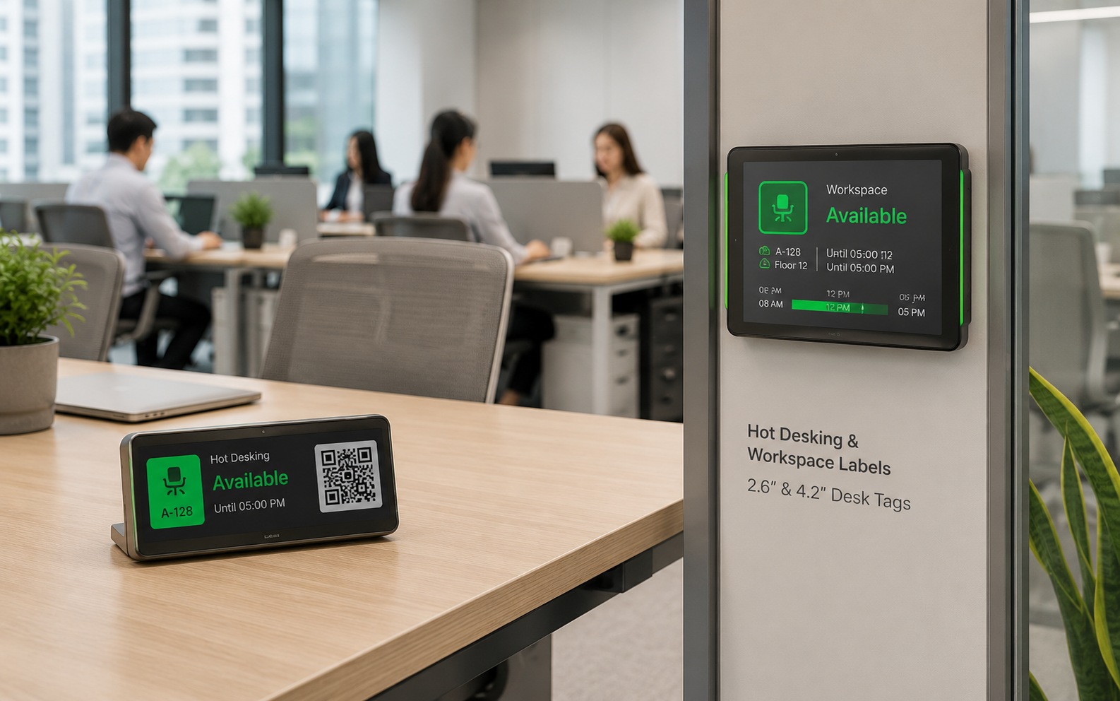 Hot desking E-ink labels integrated into shared workspace desks