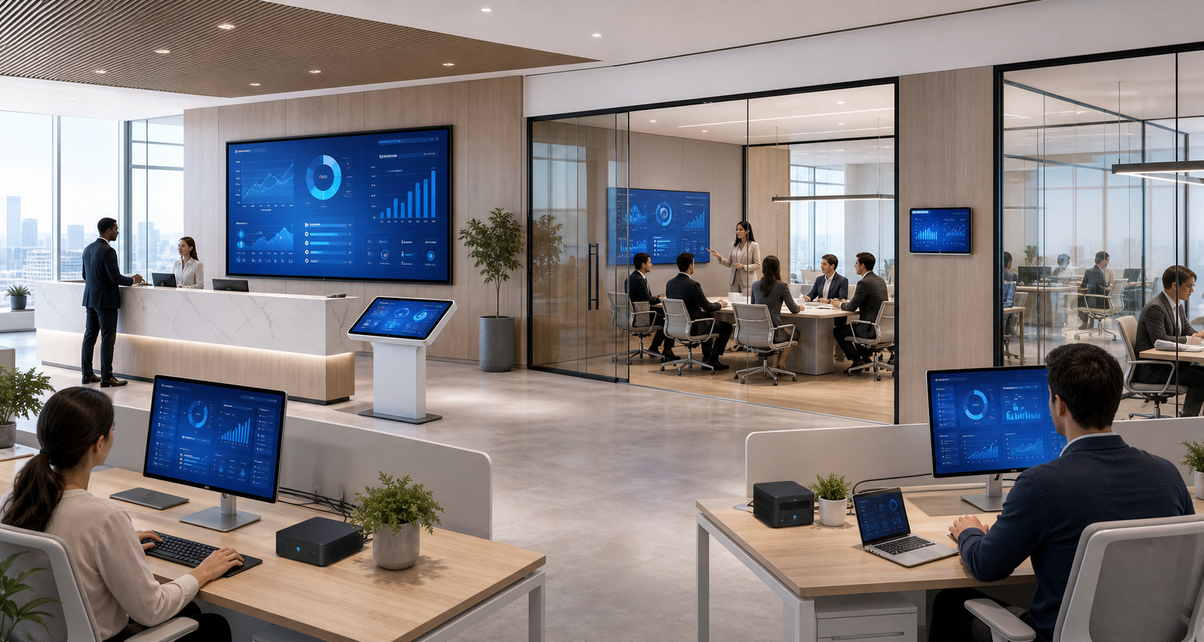 E-ink meeting room display mounted on glass door