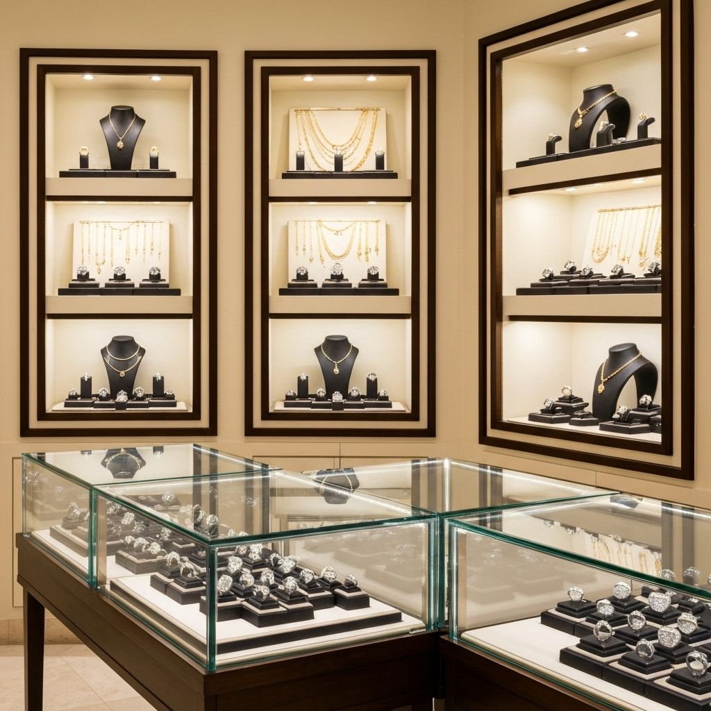 Luxury jewelry store interior with elegant glass display cases