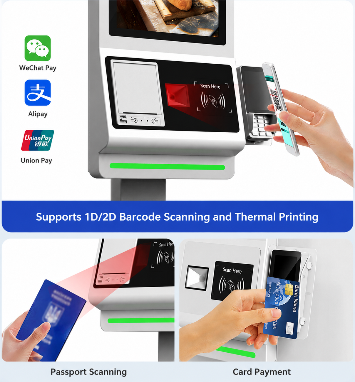 Cutaway view of SN-K kiosk showing built-in printer, scanner, camera and NFC reader