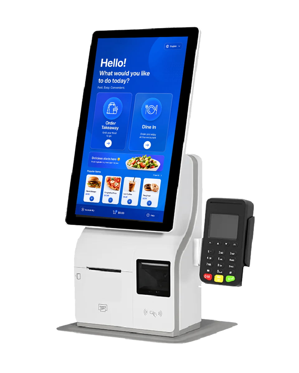 Compact desktop self-service kiosk for coffee shops